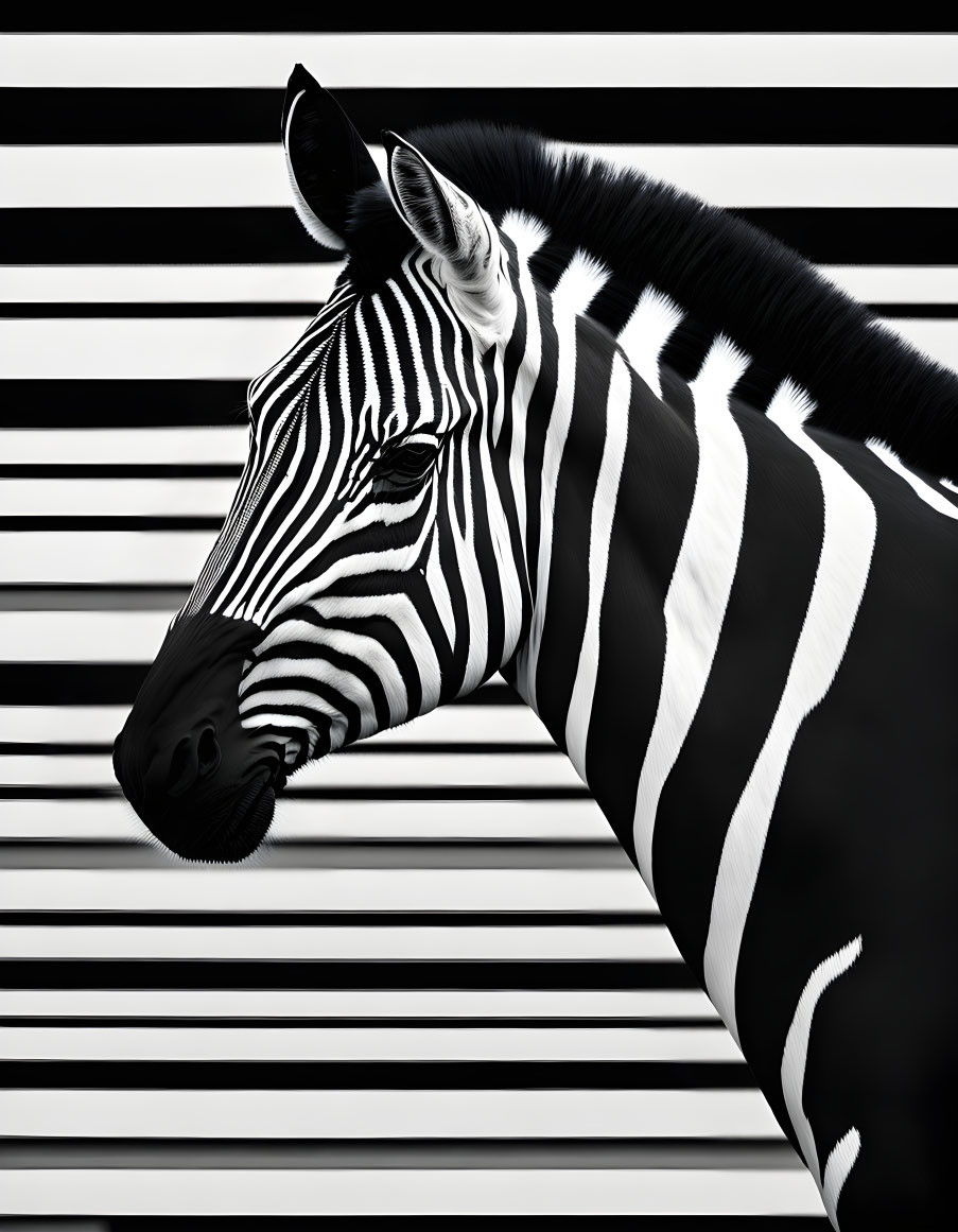 Zebra Head on Black and White Stripes Background