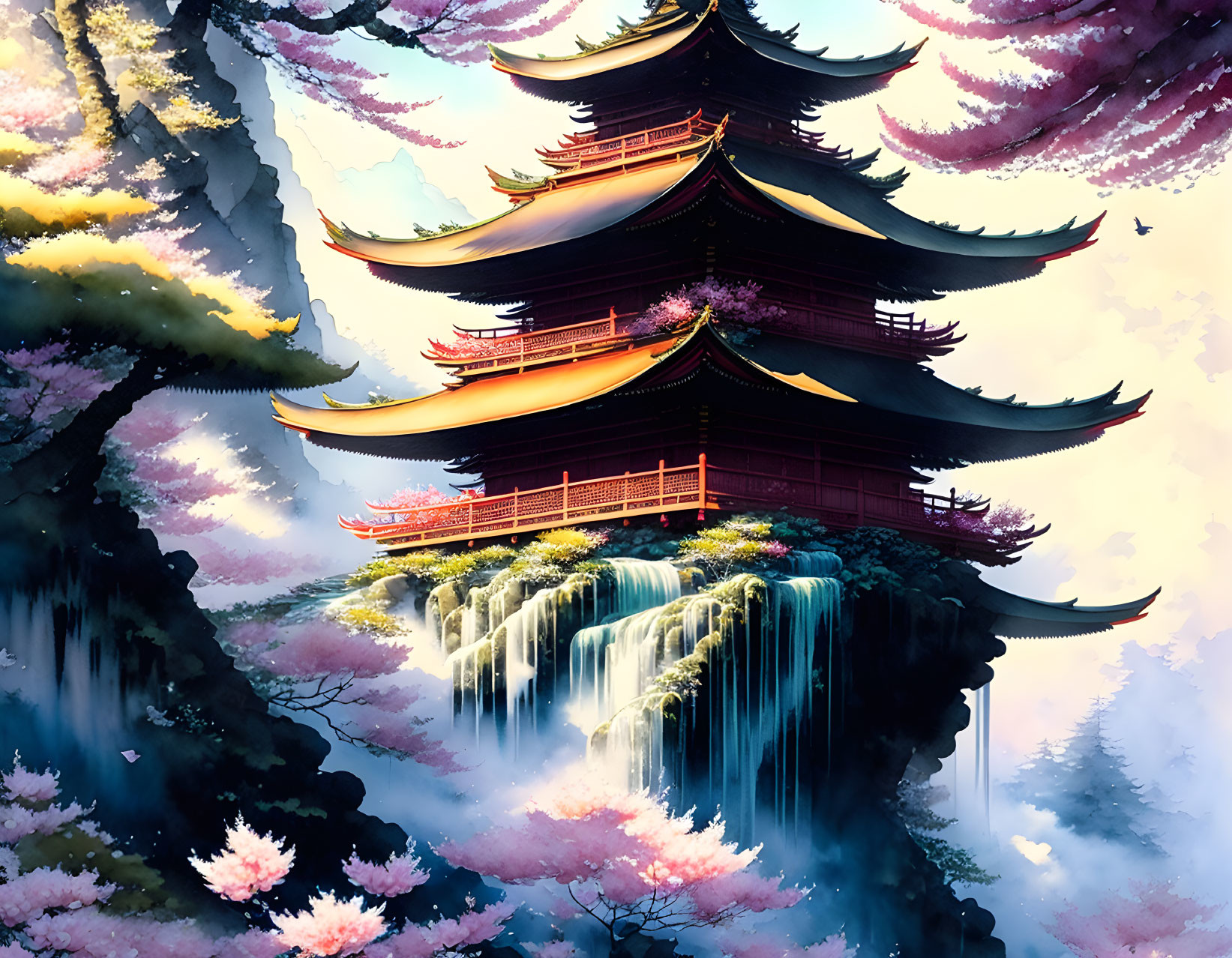 Traditional multi-tiered pagoda on cascading waterfall with cherry blossoms and misty mountains