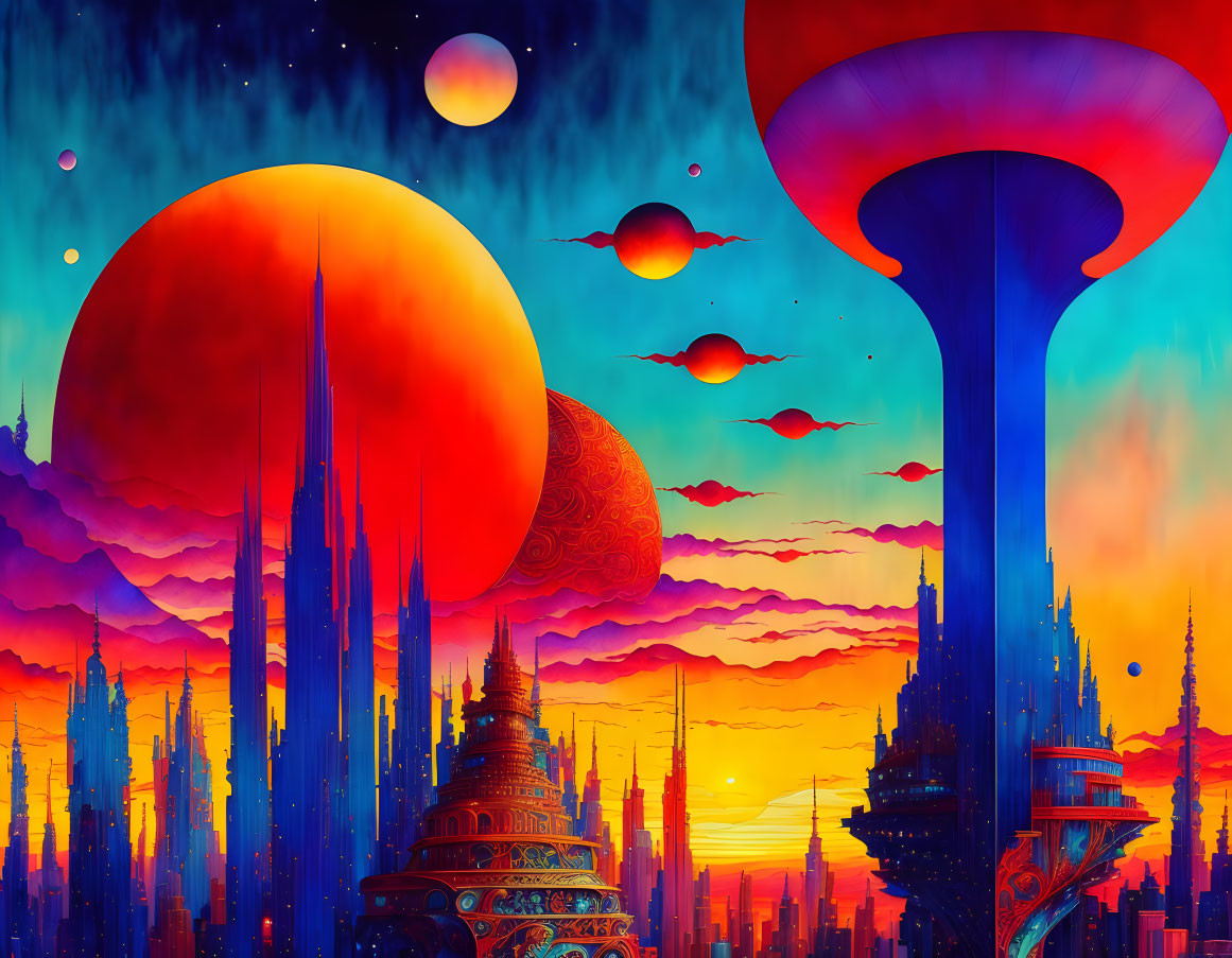 Colorful fantasy landscape with alien spires, exotic planets, and flying saucers