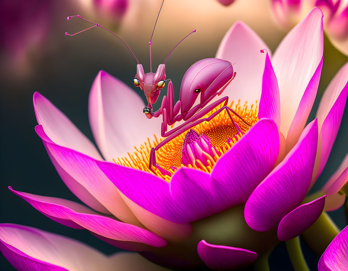 Colorful digital artwork: Pink mantis on lotus flower in surreal setting