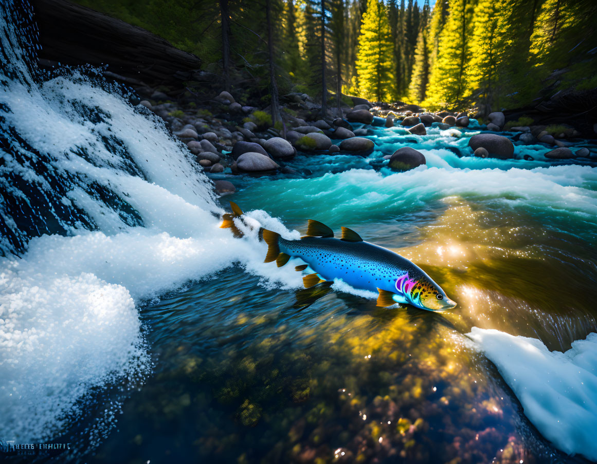 Vibrant fish jumping in forest stream with waterfall and sunlight