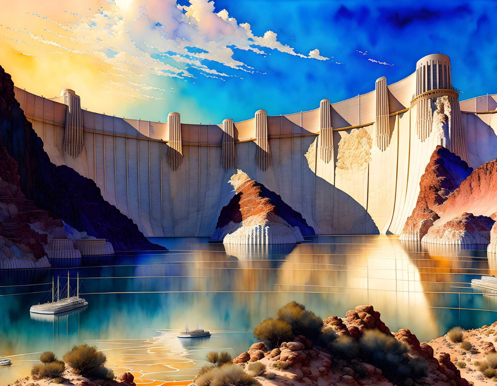 Futuristic dam with cascading water, sailboats, rocky terrain, and vivid sky