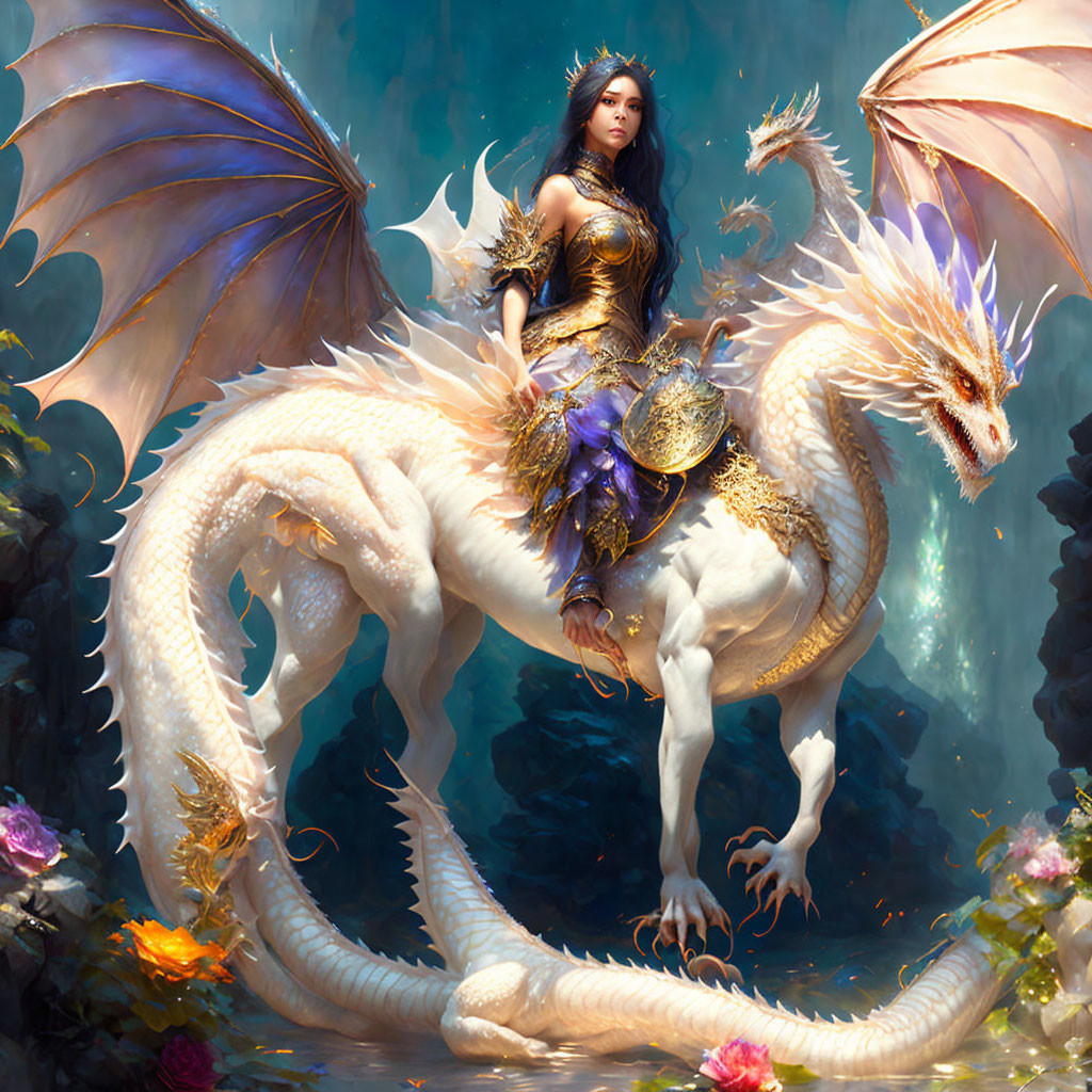 White dragon with golden armor carrying warrior woman in floral setting