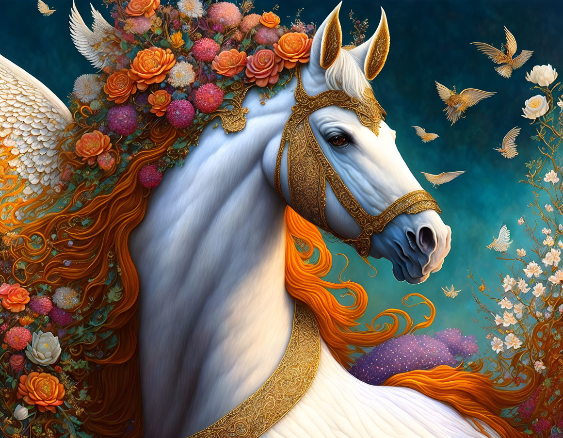 Majestic winged unicorn with golden bridle, flowers, butterflies, teal backdrop, doves