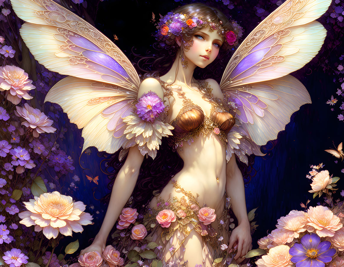 Fantasy illustration of female figure with butterfly wings and vibrant flowers.