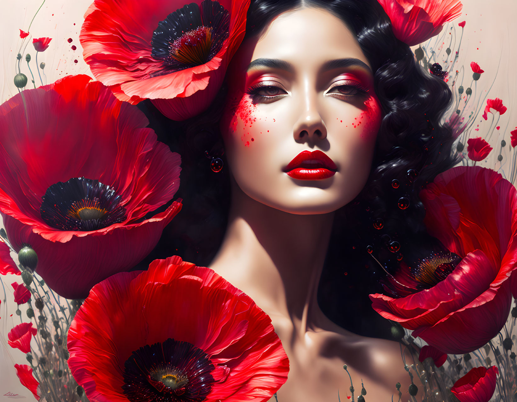 Vibrant red lips woman portrait with poppies and splashes