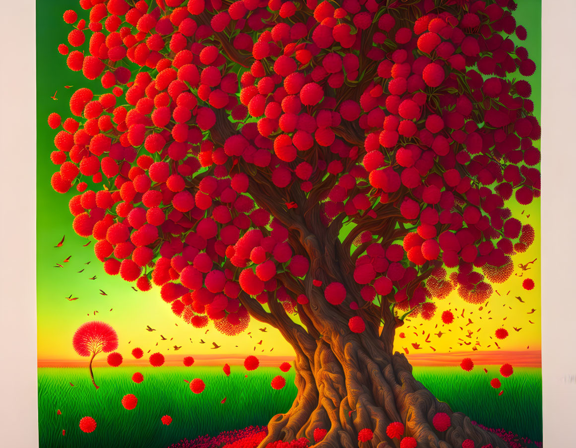 Colorful whimsical tree with large red pom-pom fruits against sunset landscape