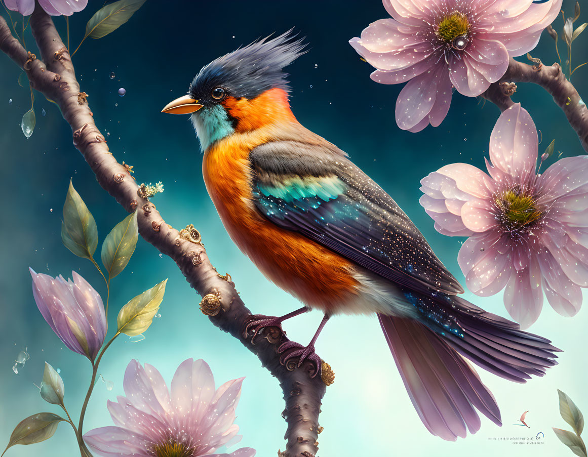 Colorful bird perched on branch with pink blossoms against teal sky