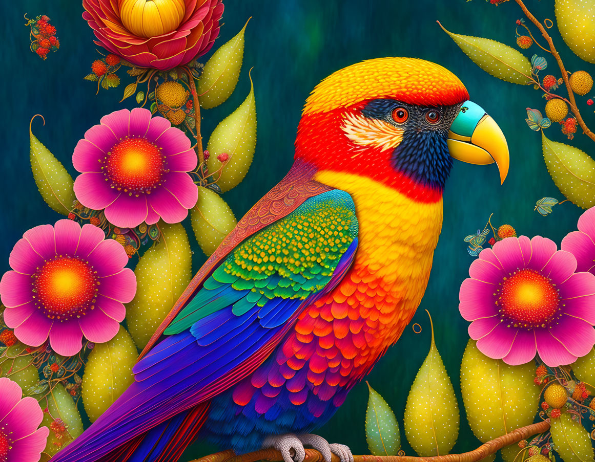 Colorful Parrot Among Pink Flowers and Foliage with Intricate Patterns