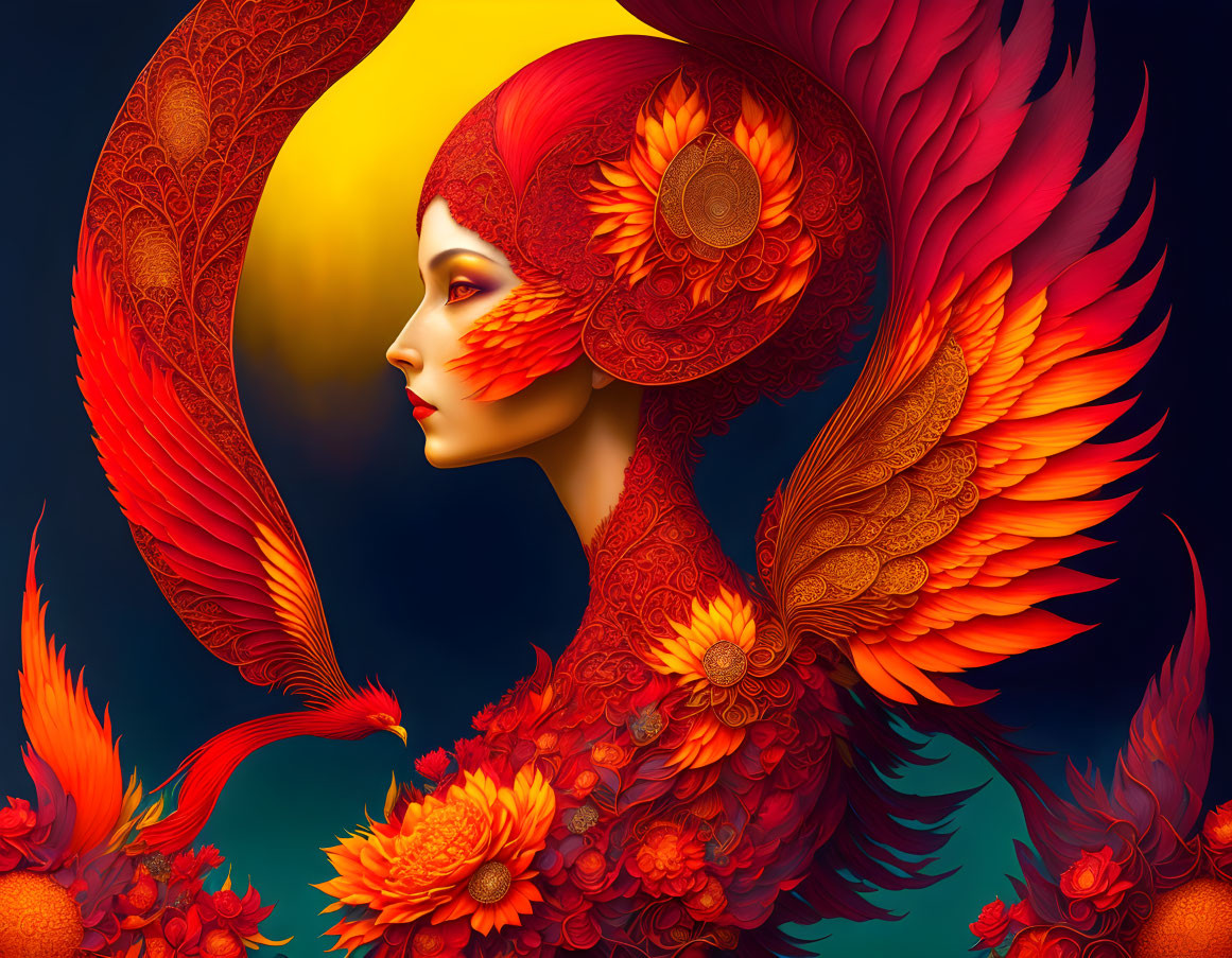 Digital artwork: Woman with red floral headdress transforms into phoenix on dark golden background