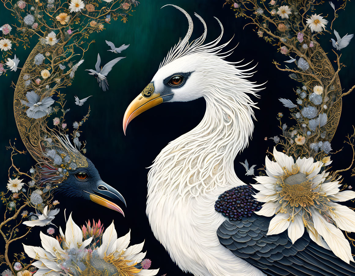 Detailed illustration of stylized birds with floral motifs on dark background