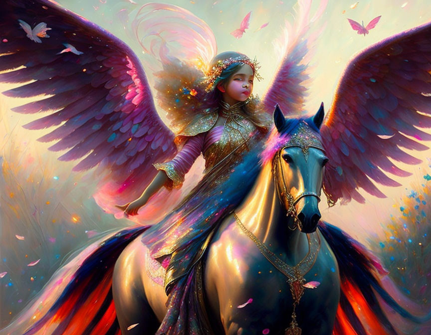 Fantastical winged woman in ornate armor riding majestic horse surrounded by butterflies