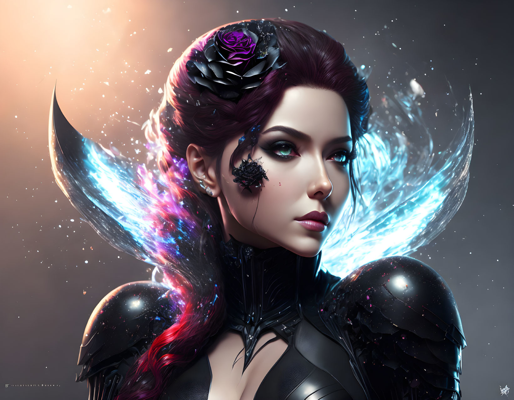 Digital artwork: Woman with blue wings, black rose headdress, ornate armor, cosmic backdrop