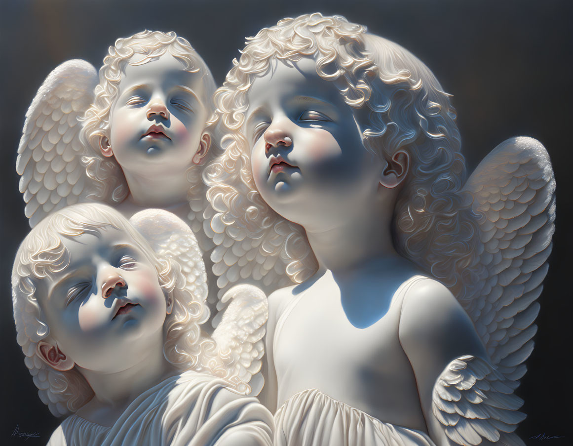 Detailed Angelic Figures with Curled Hair and Wings on Dark Background