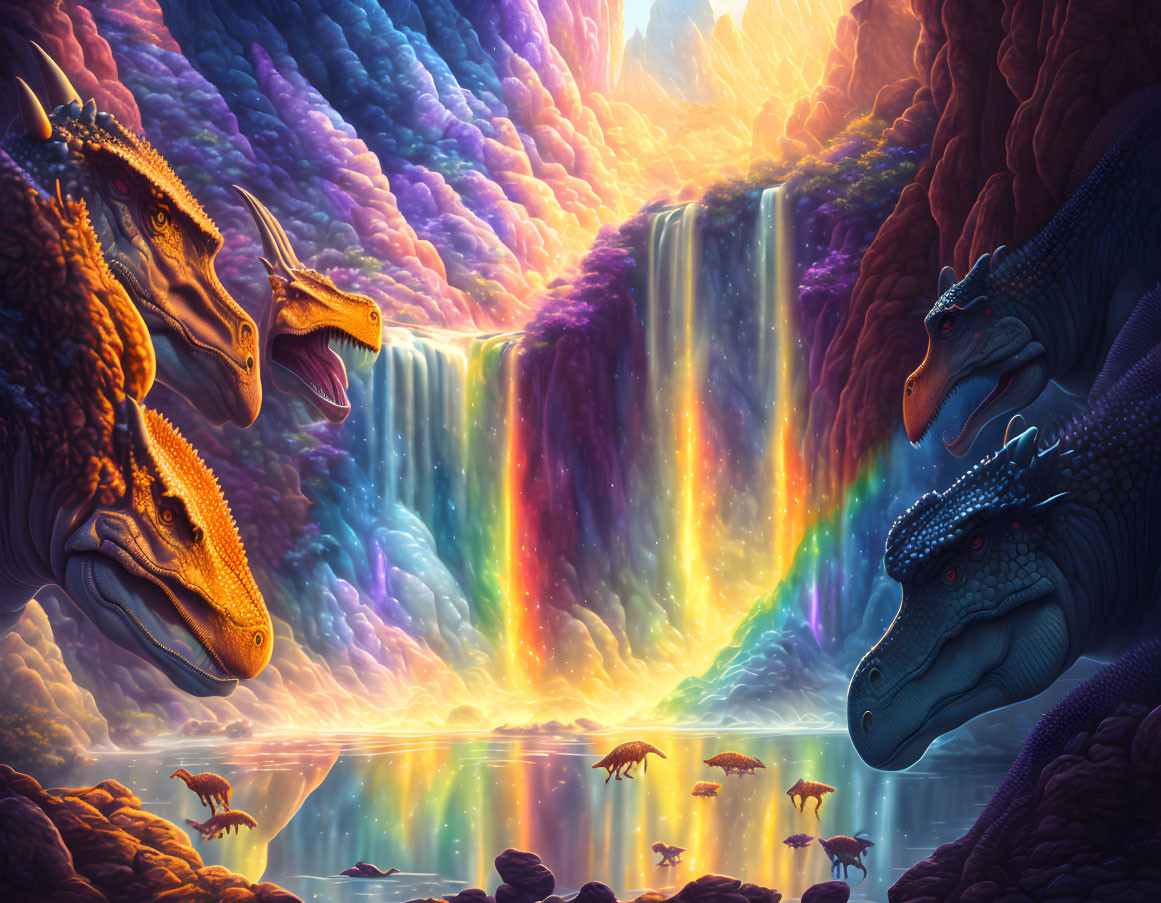 Dragons by Rainbow Waterfall and Tranquil Lake Scene