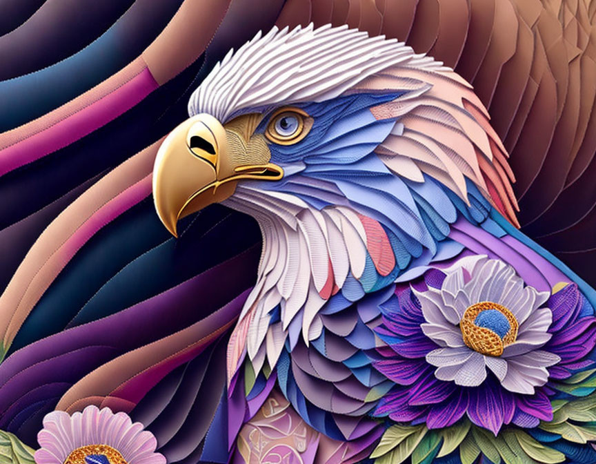 Vibrant digital artwork: Eagle with blue, purple, and brown feathers and stylized flowers