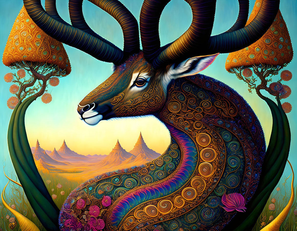 Vibrant surreal antelope illustration with intricate horns in whimsical landscape