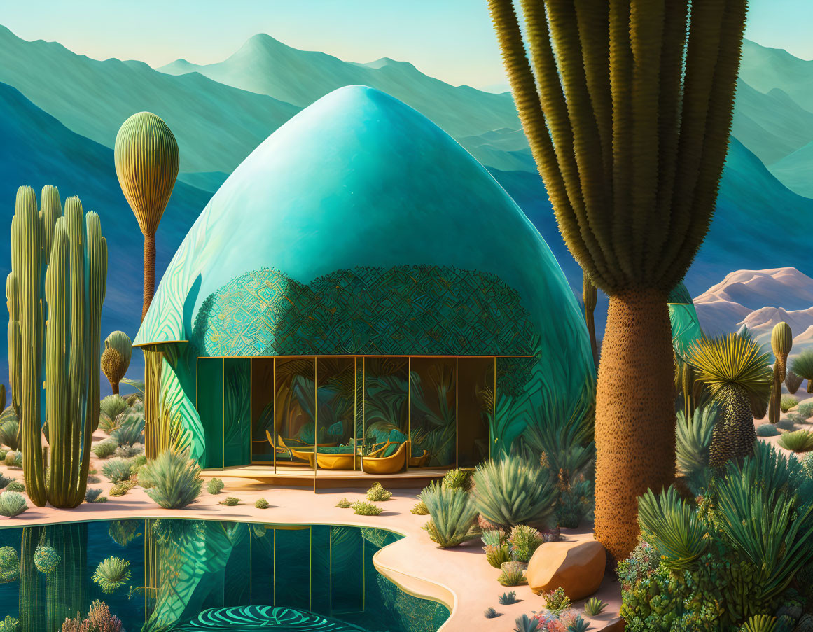 Modern dome-shaped building in desert with cacti, mountains, and pool