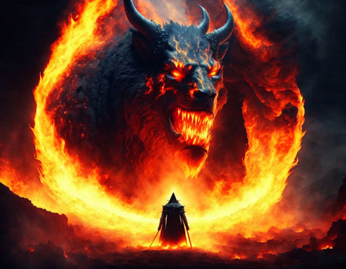 Demonic bull with red eyes in fiery landscape