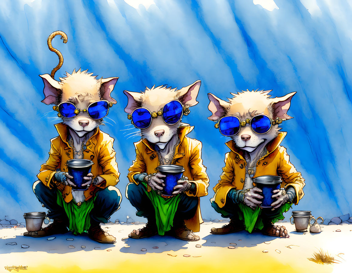 Three cartoon cats in jackets and sunglasses with metal cups on blue background