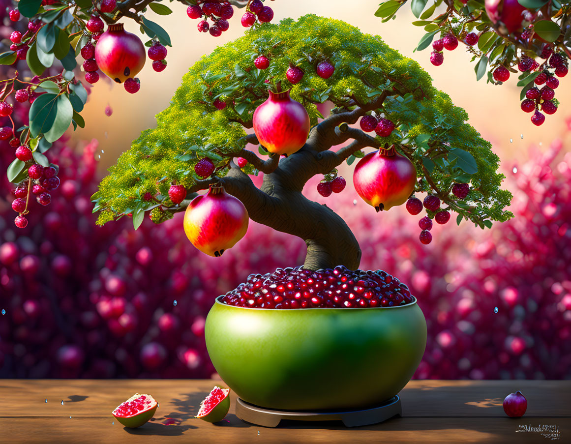 Miniature pomegranate tree digital artwork with ripe fruits and berry bush backdrop