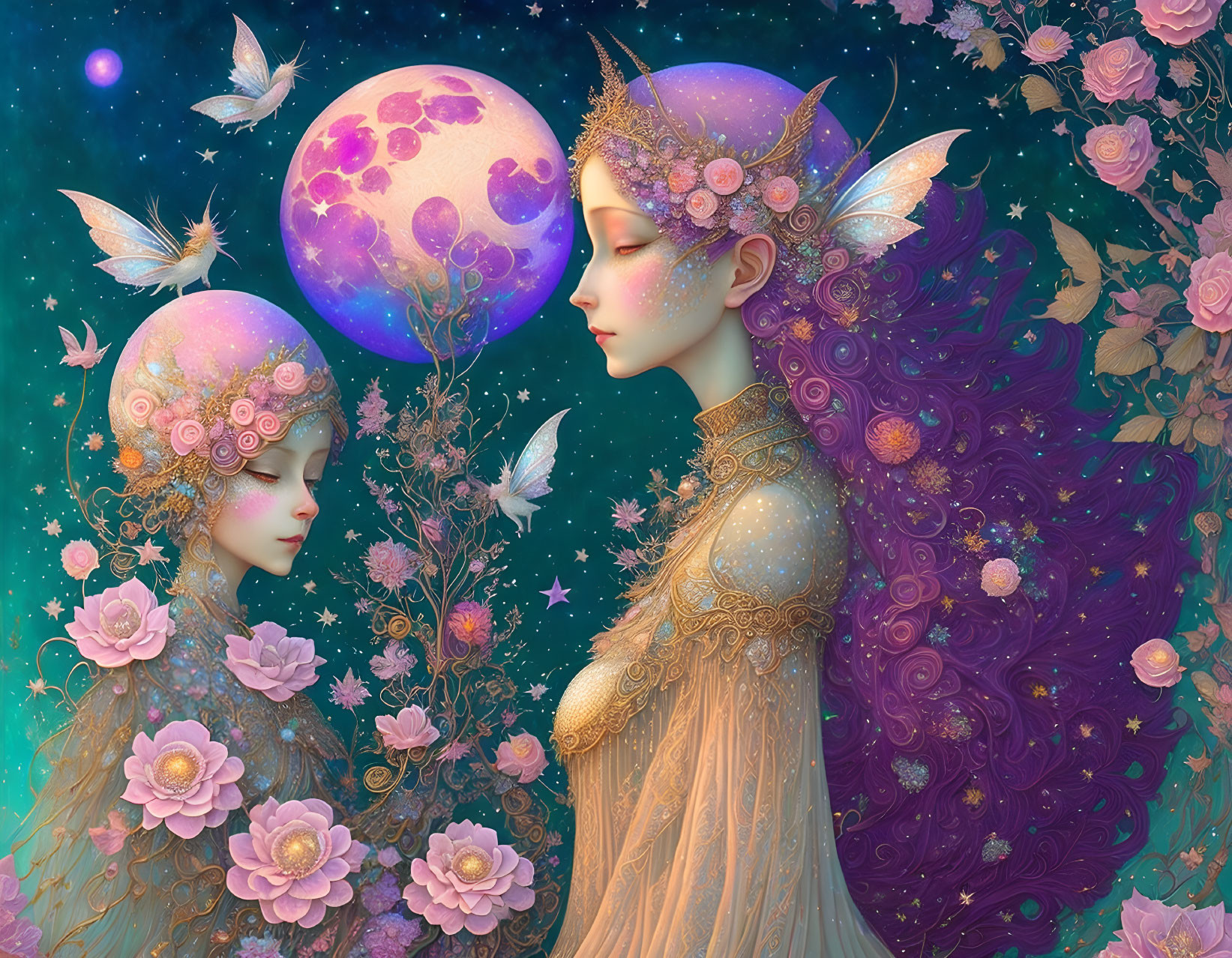 Ethereal female figures in floral attire under pink moon