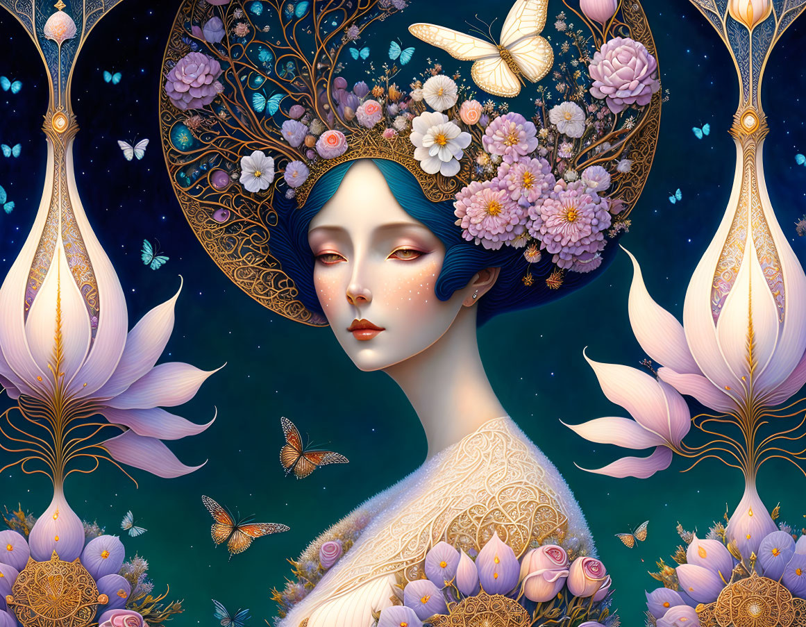 Fantastical woman with floral motifs and butterflies in starry night scene