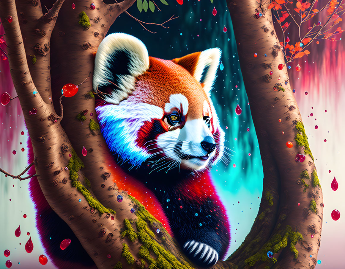 Vibrant digital art: Red panda in tree with cosmic backdrop