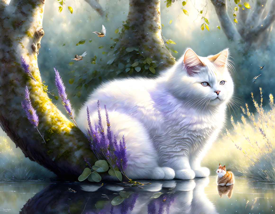 Illustration: Giant white cat by purple flower tree, viewing tiny orange cat in reflective water, in