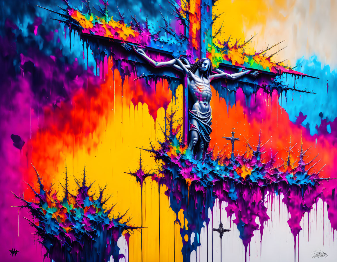 Colorful Graffiti Art: Jesus Figure on Cross with Dripping Purple and Orange Background