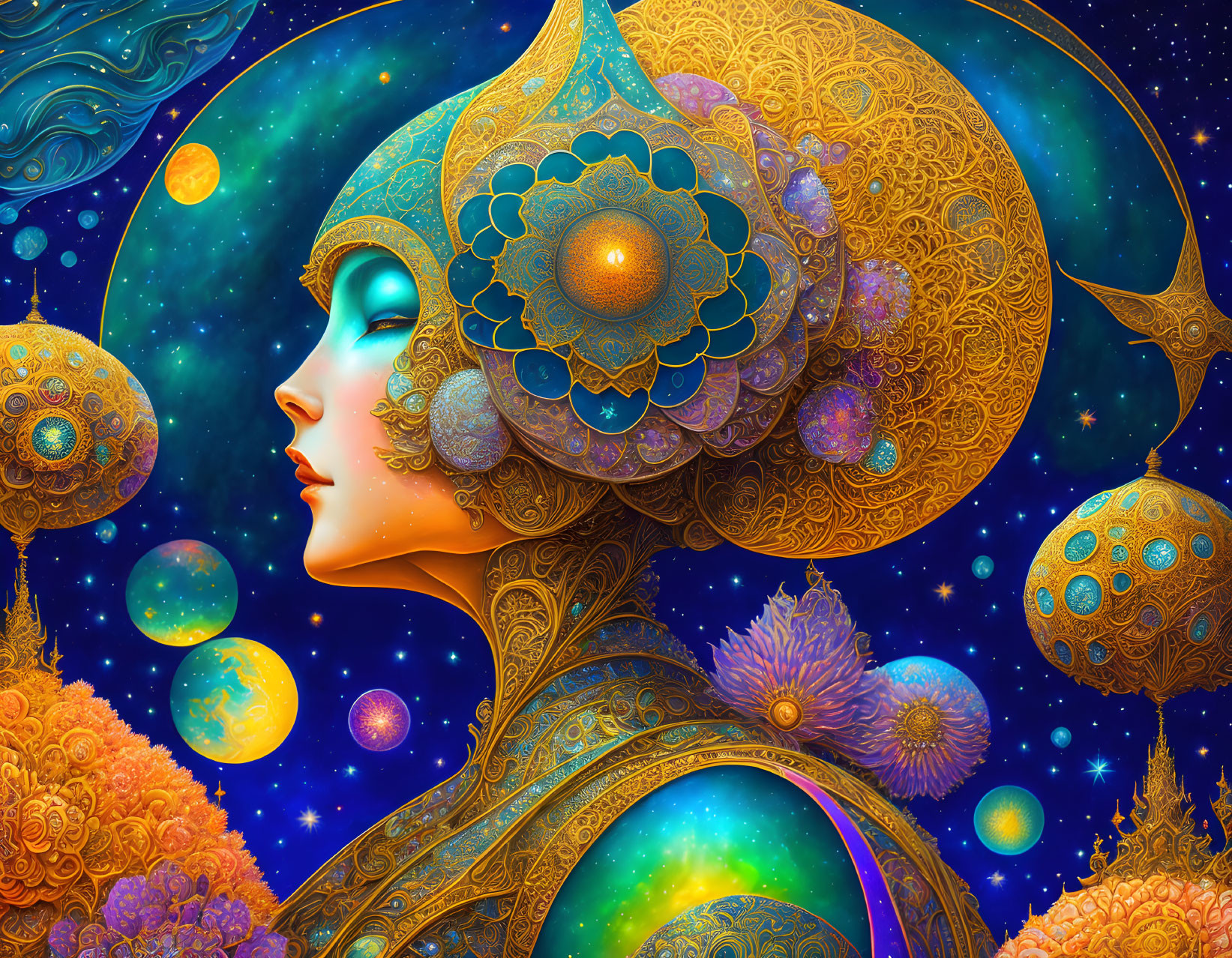 Colorful cosmic-themed artwork featuring a woman with intricate patterns and celestial elements