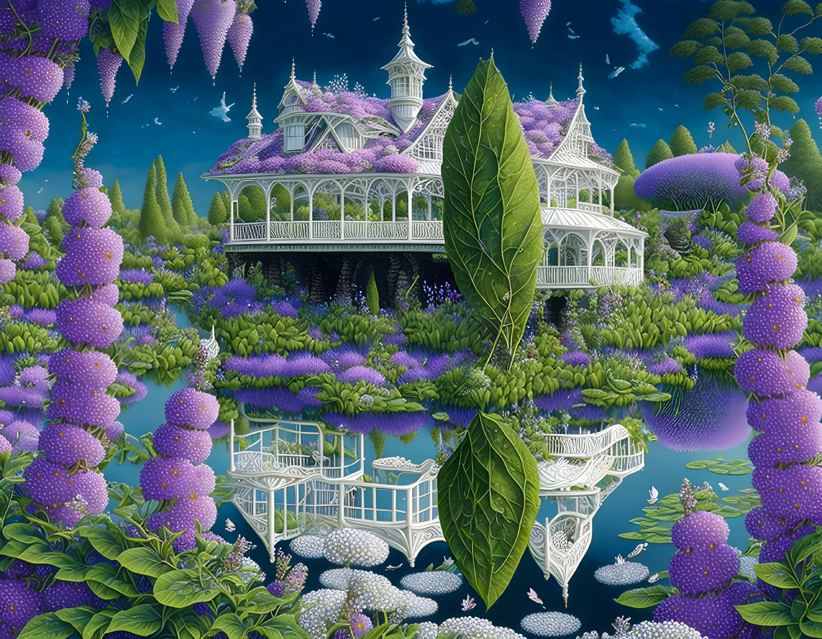 Victorian house with purple flora and reflecting pool