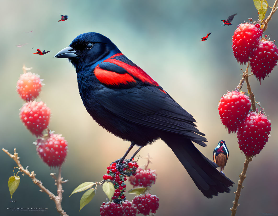 Colorful bird perched on branch with berries and flying birds in background