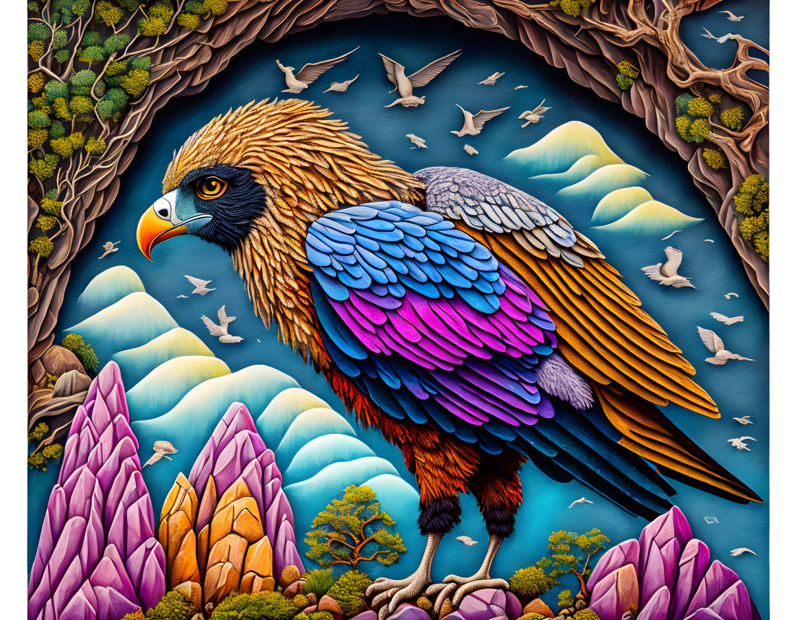 Colorful Eagle Illustration in Fantasy Landscape