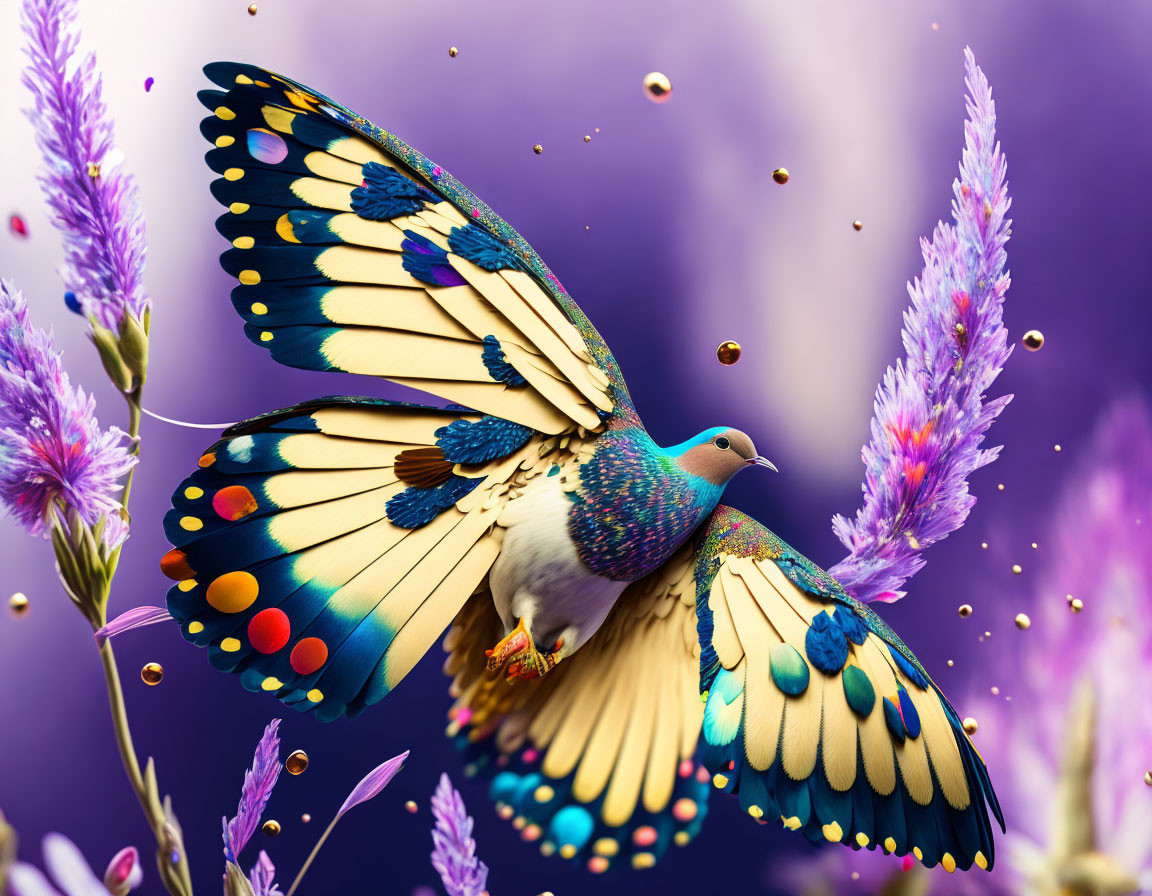 Colorful Bird with Butterfly Wings in Purple Flower Fantasy Scene