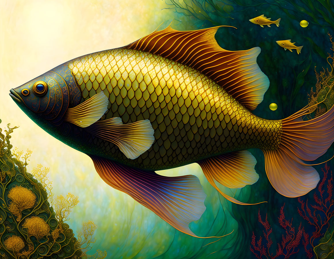 Golden-Scaled Fish in Vibrant Underwater Scene