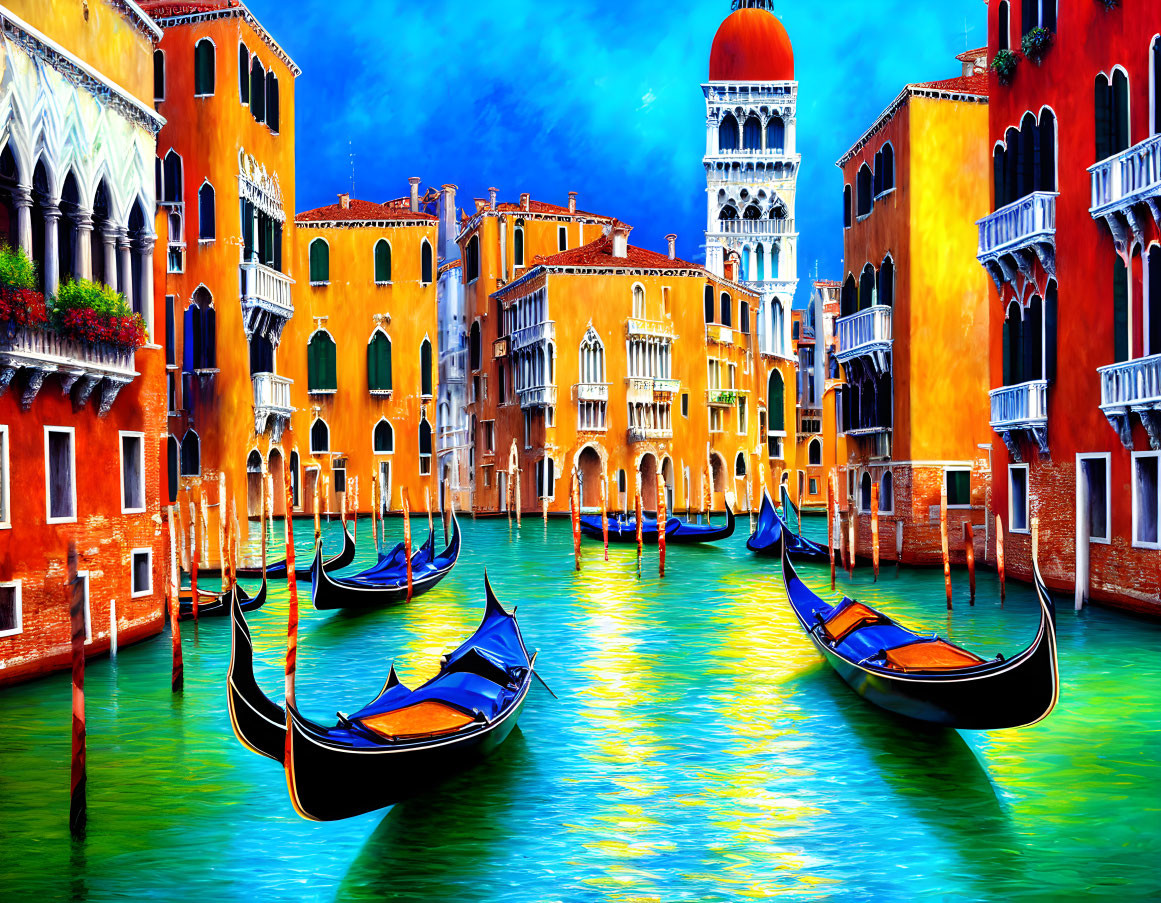 Colorful Venice Canals Painting with Gondolas and Historic Buildings