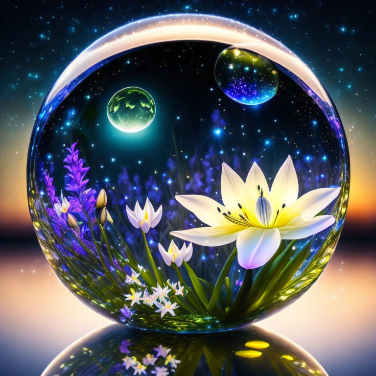 Digital artwork: Cosmic scene in transparent spheres with white lotus & stars