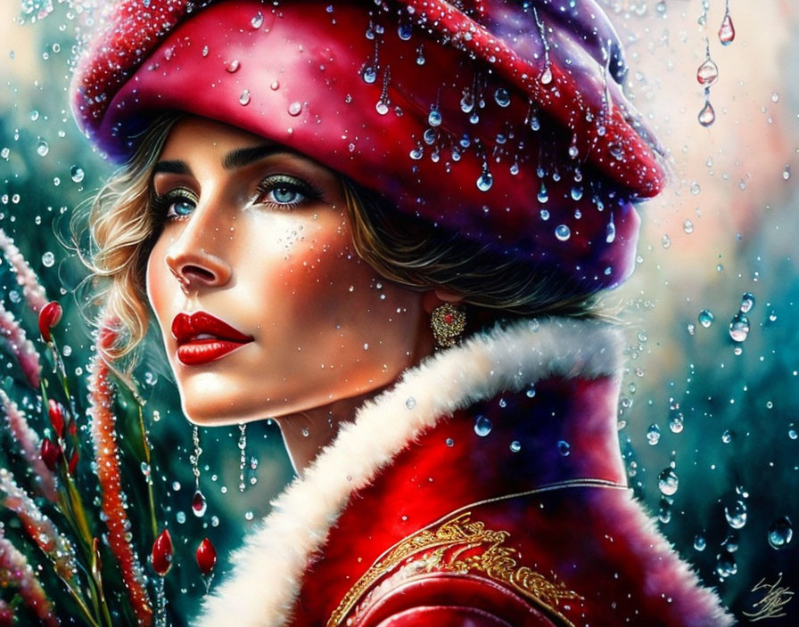 Stylized portrait of woman with red beret and dewdrops on blurred floral background