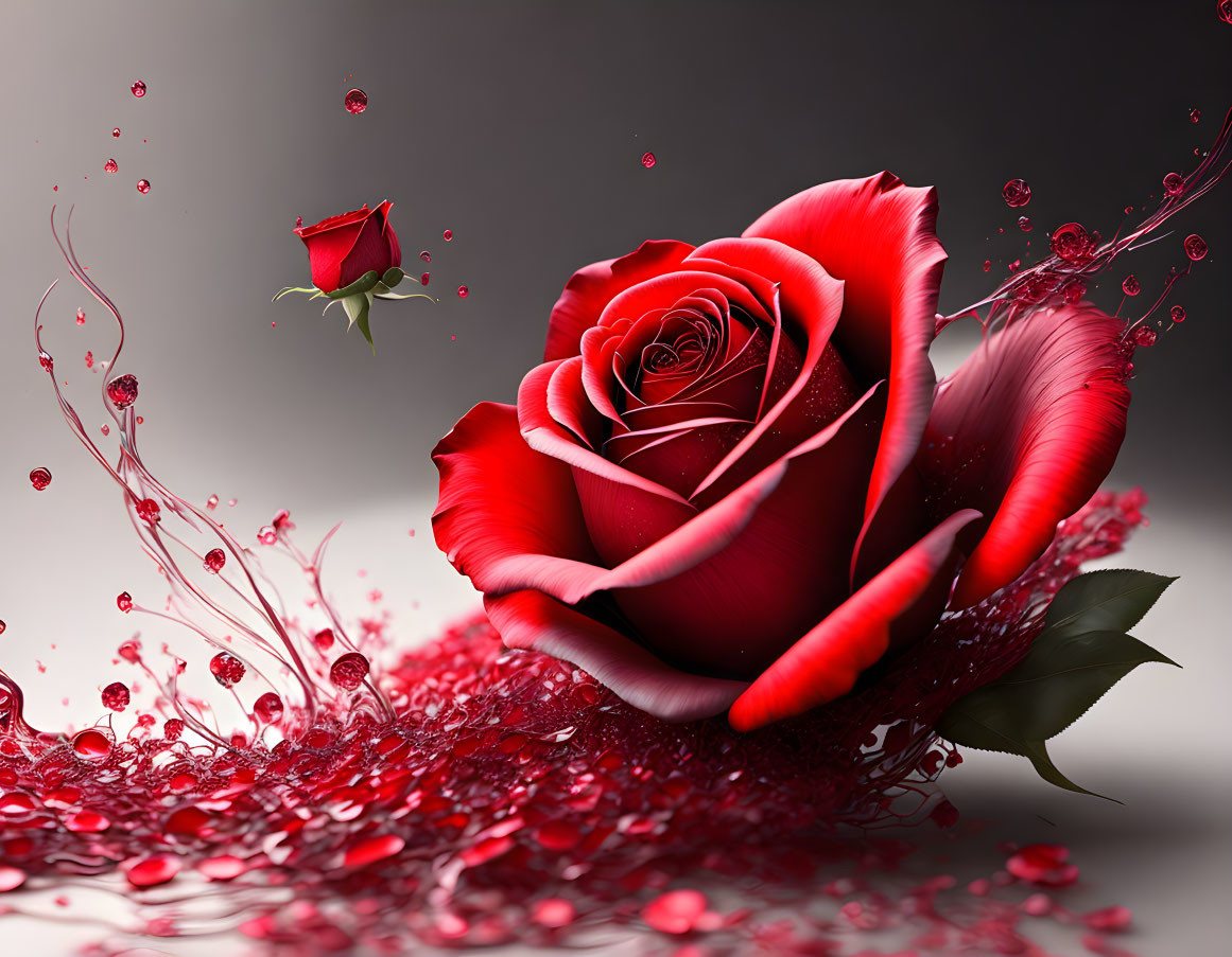 Vibrant red rose with water droplets and smaller rose on grey background