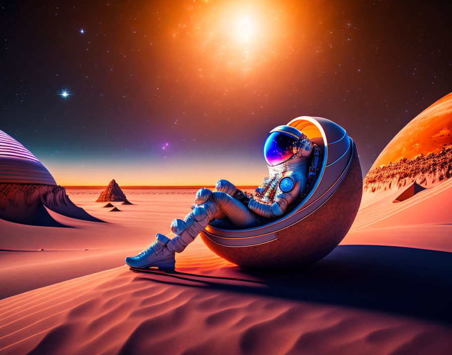 Astronaut relaxing in futuristic chair on alien planet with orange sun and stars