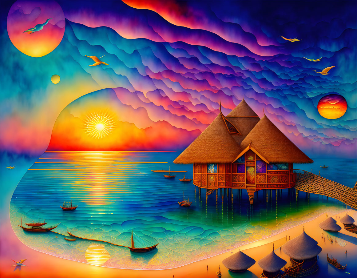 Colorful sunset scene with waterfront hut, boats, orange skies, layered clouds, and flying birds