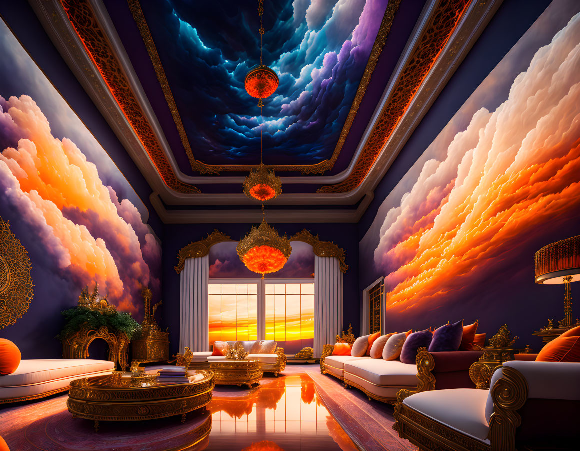 Opulent room with sunset sky mural, ornate chandeliers, and reflective floor