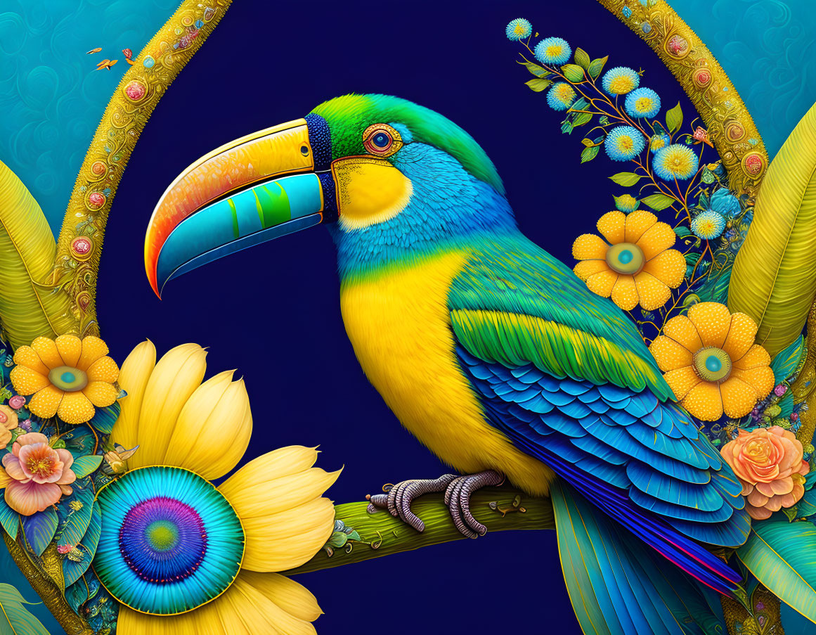 Colorful Toucan Artwork Among Flowers on Blue Background