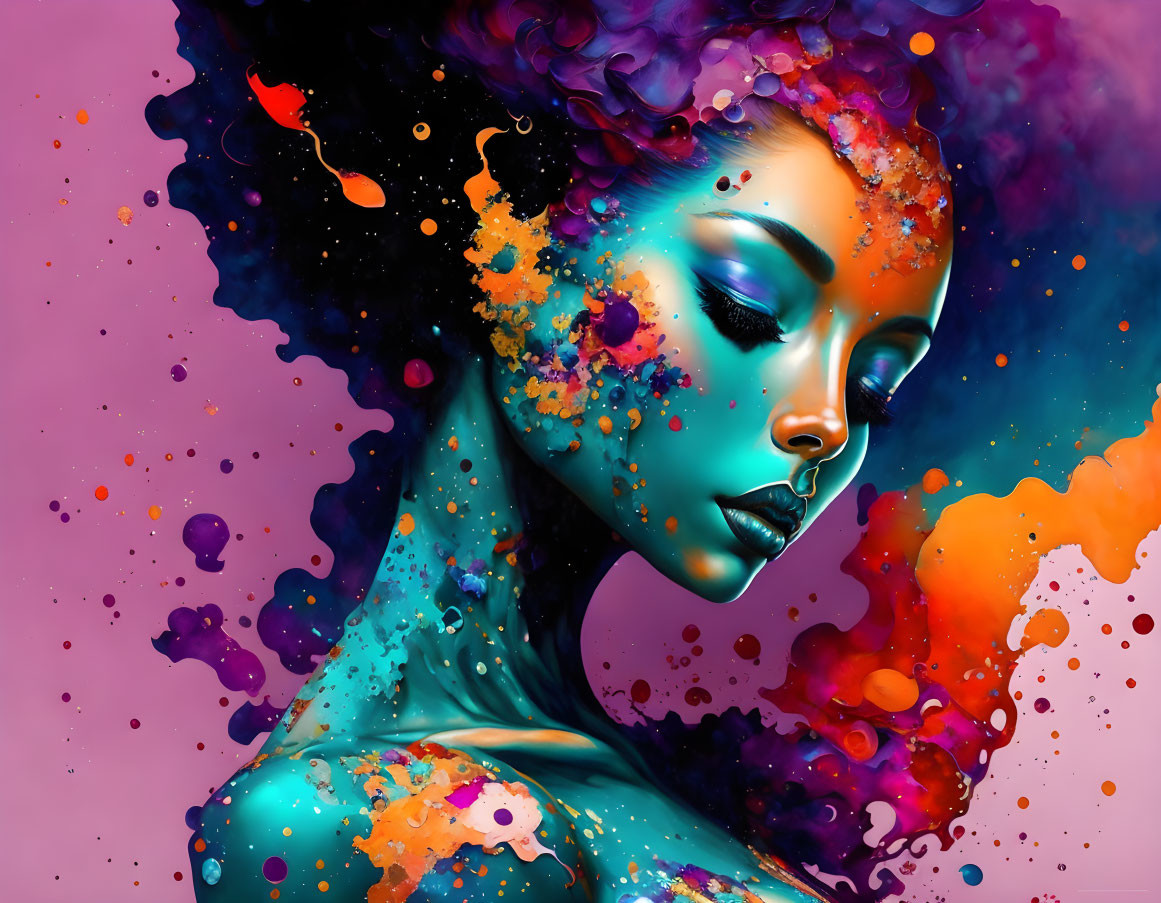 Multicolored paint splashes create surreal portrait on pink and purple background