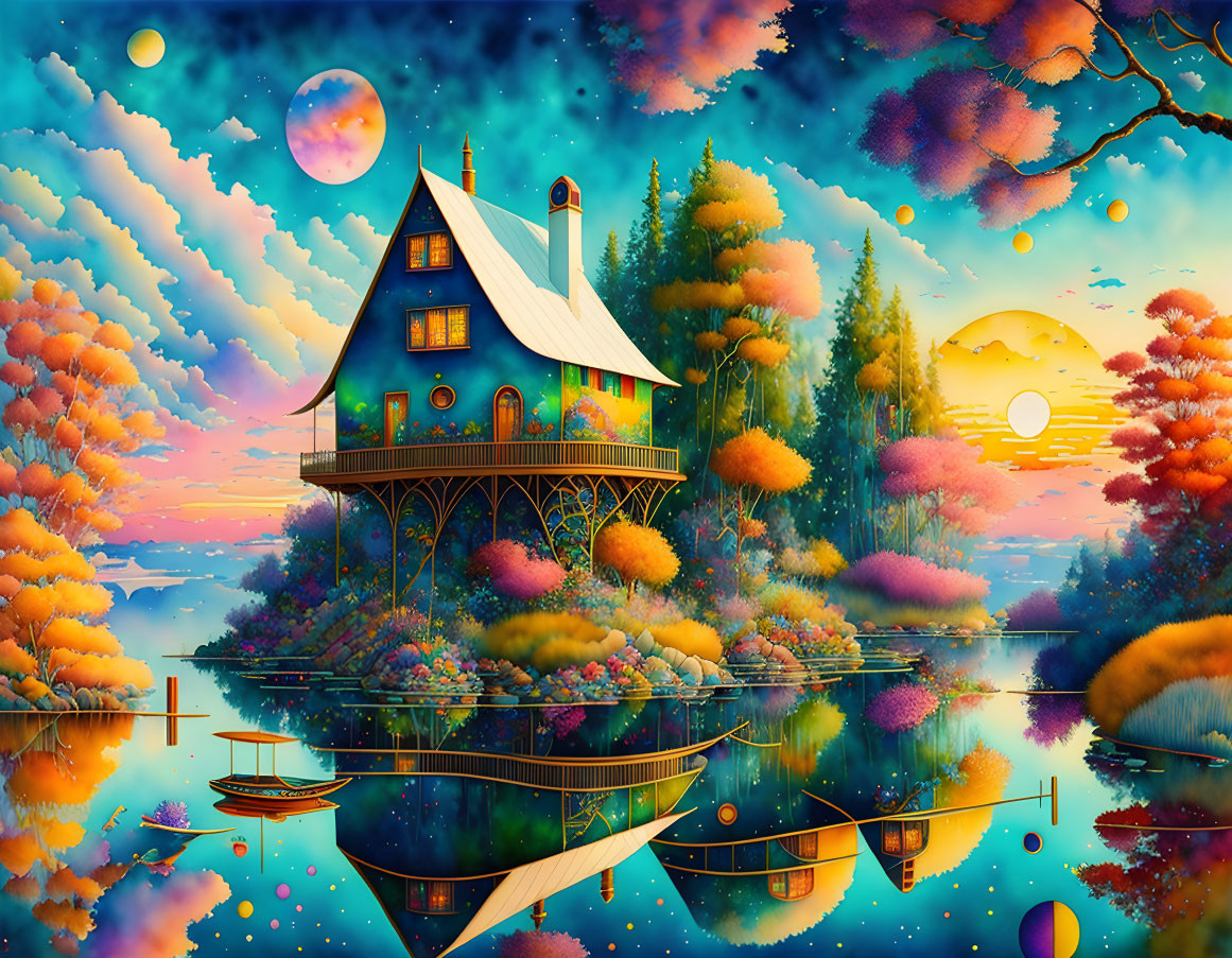 Fantasy landscape with whimsical treehouse, colorful flora, reflective water