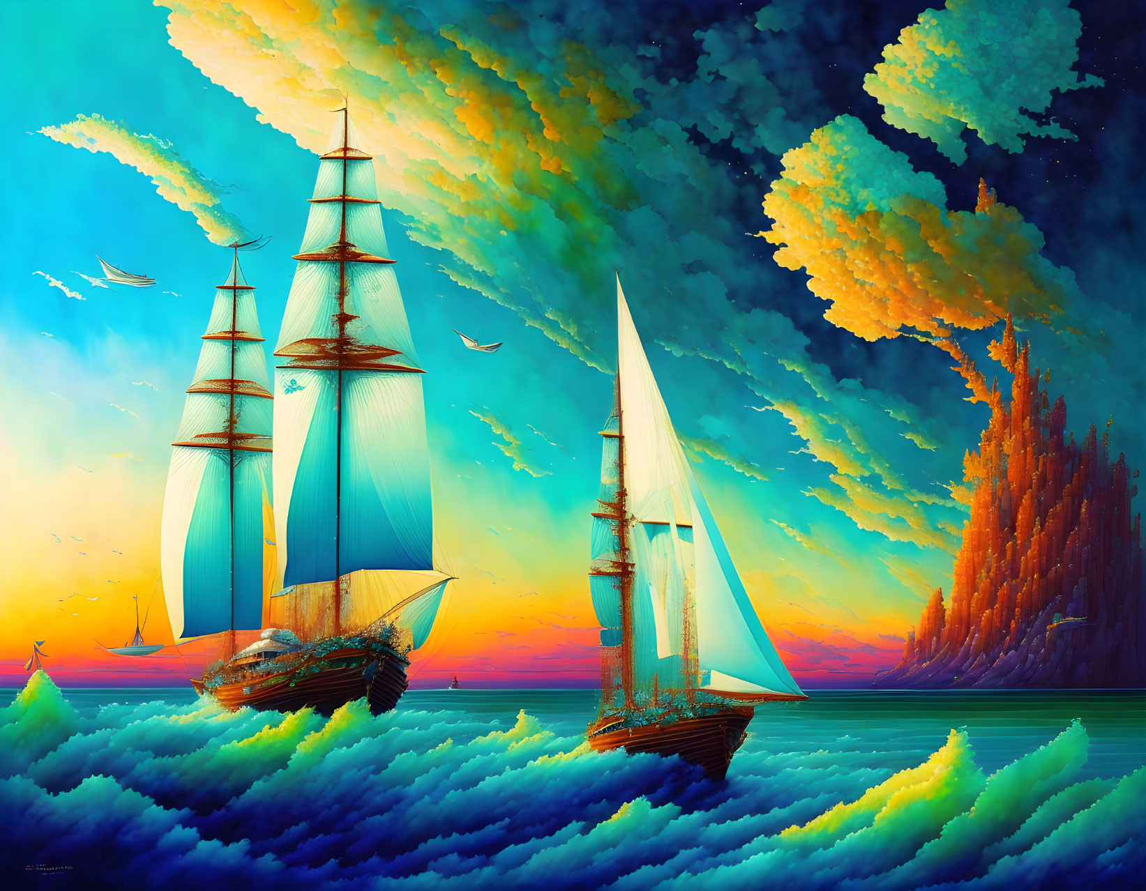 Vivid artwork: two sailing ships on turquoise waves under dramatic sky with orange and blue clouds and distant
