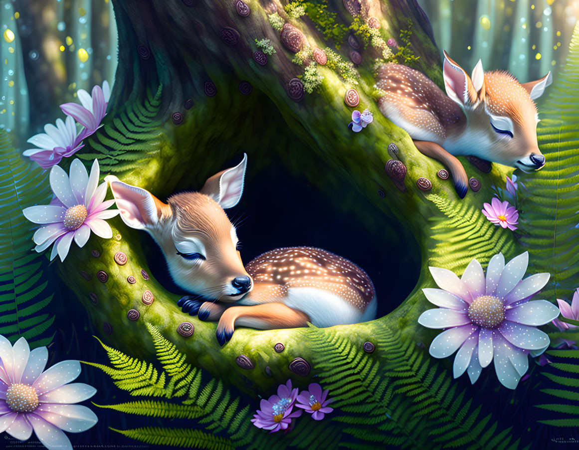 Fawns resting in mystical hollow tree with glowing flowers in enchanting forest