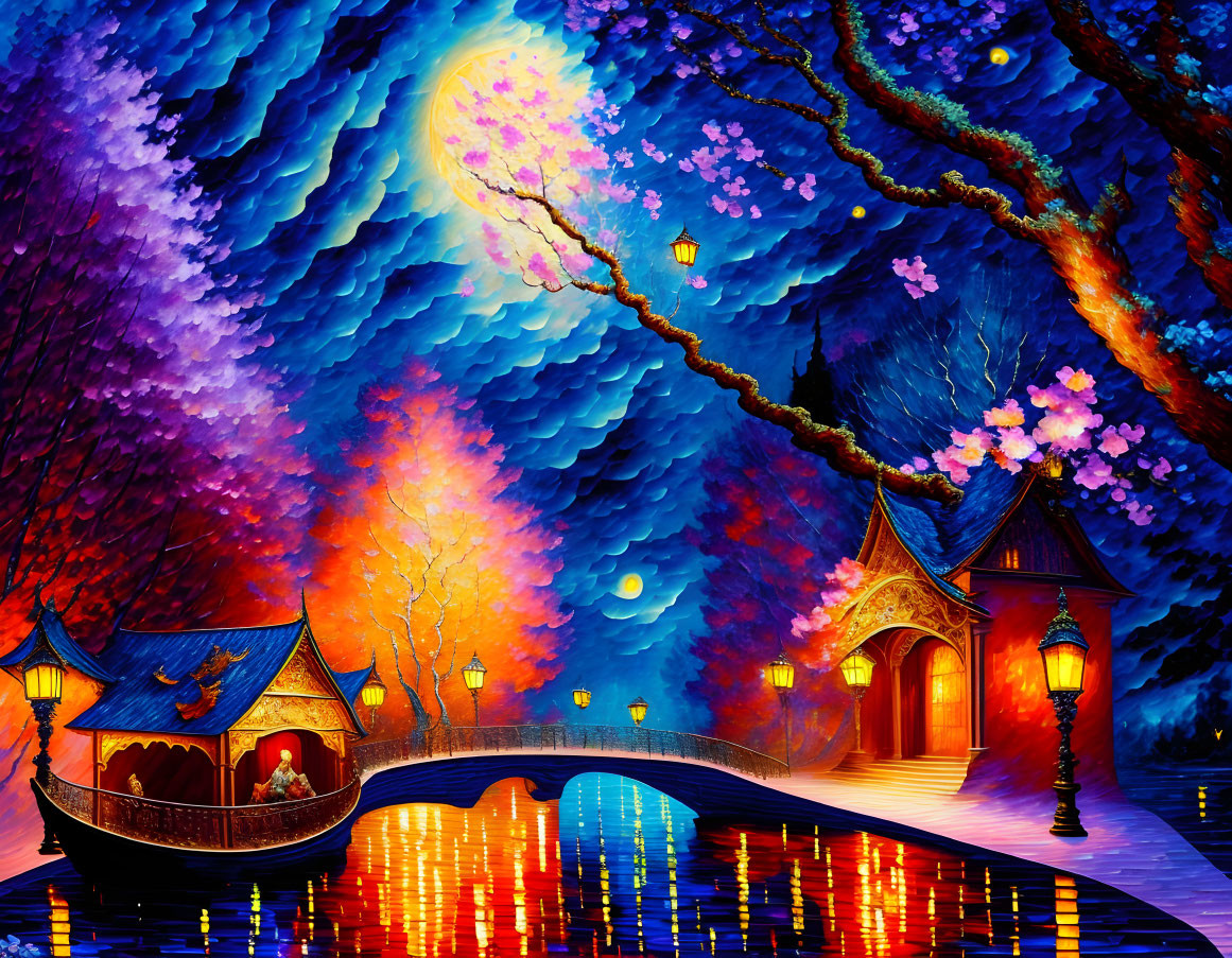 Night scene painting with textured sky, blossom tree, boat couple, lanterns, reflective water