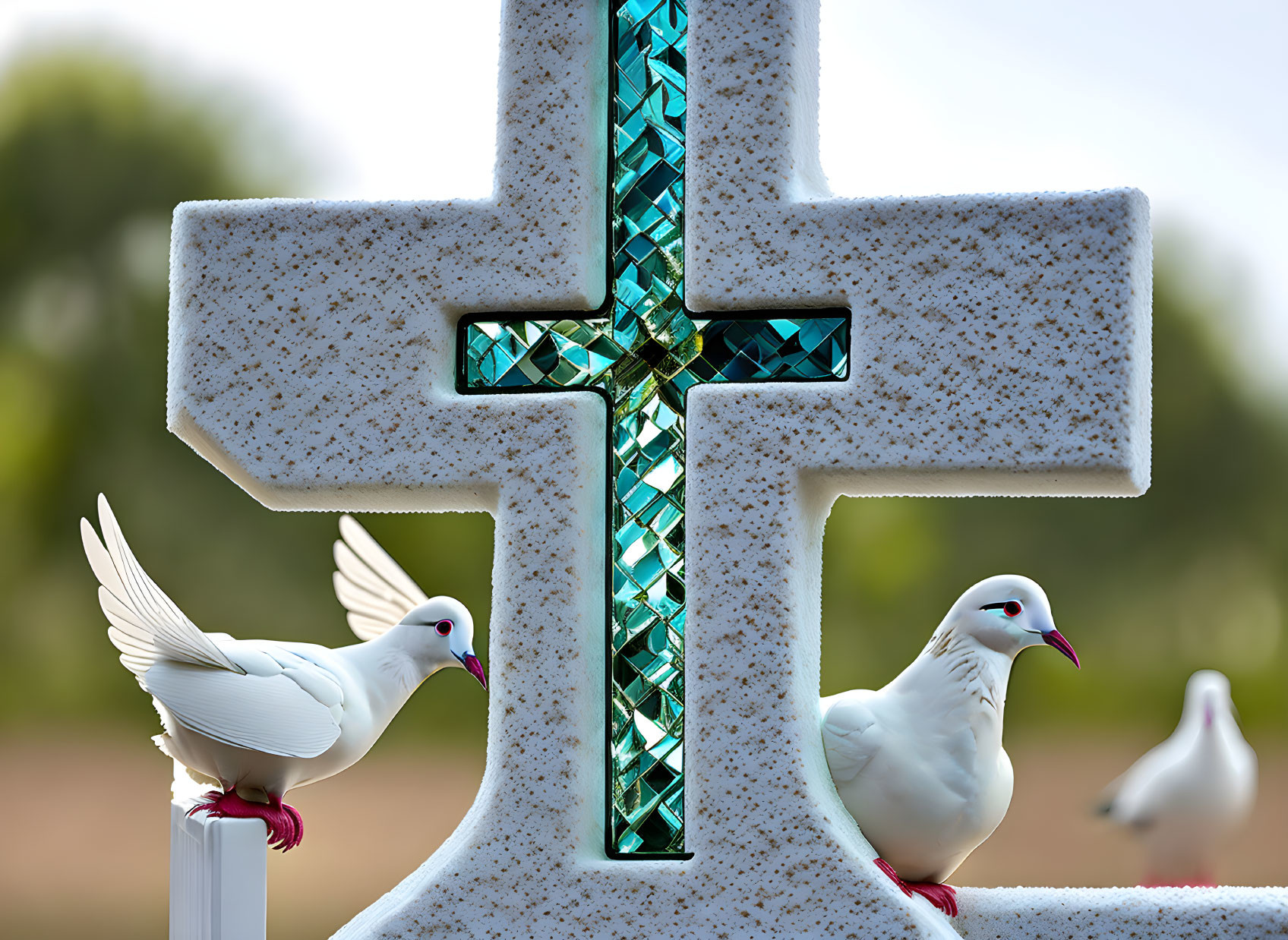 White Stone Cross with Blue Mosaic Center and Two White Doves on Base